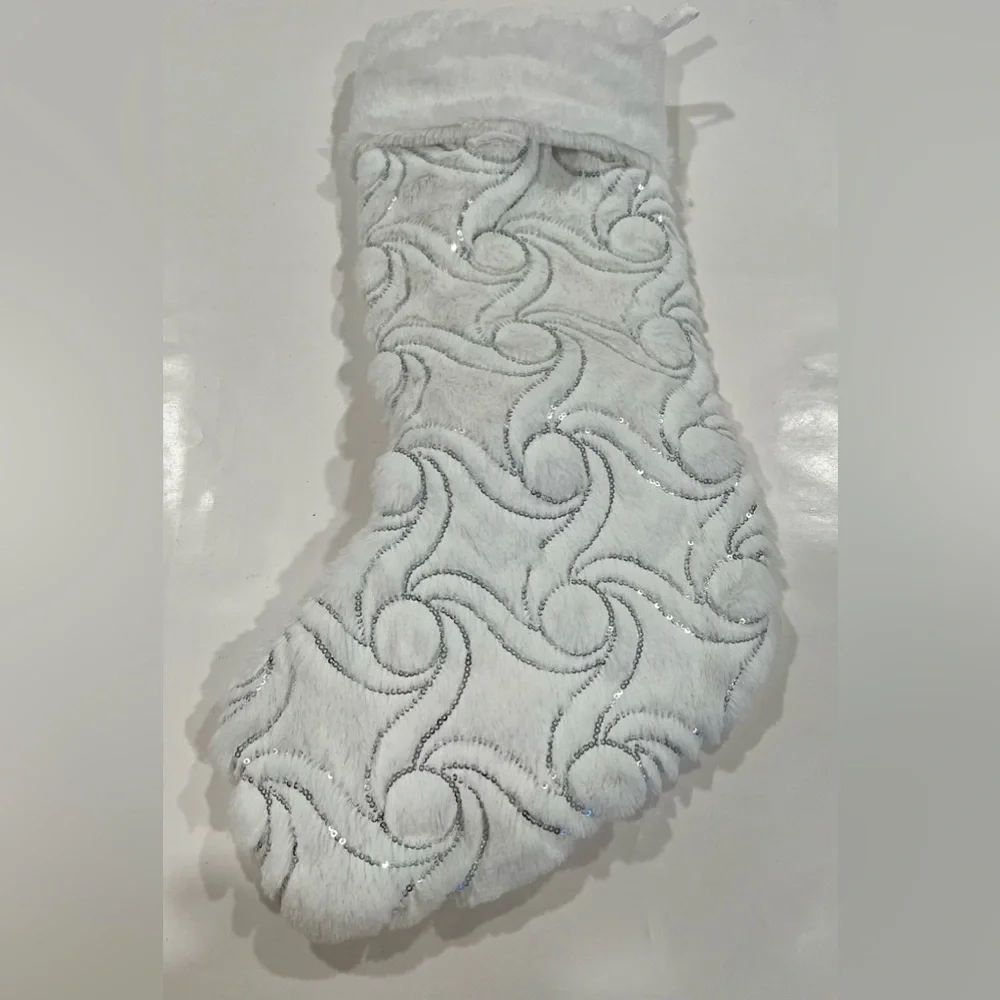 Jeffrey&James Holiday Decor Fluffy White With Silver Sequins Christmas Stocking
